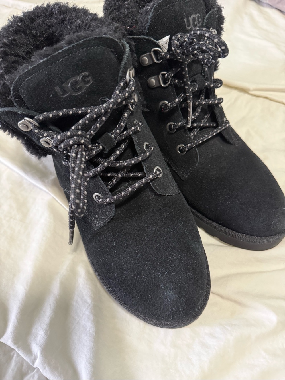 UGG Black Suede Lace-Up Shearling Ankle Boots
